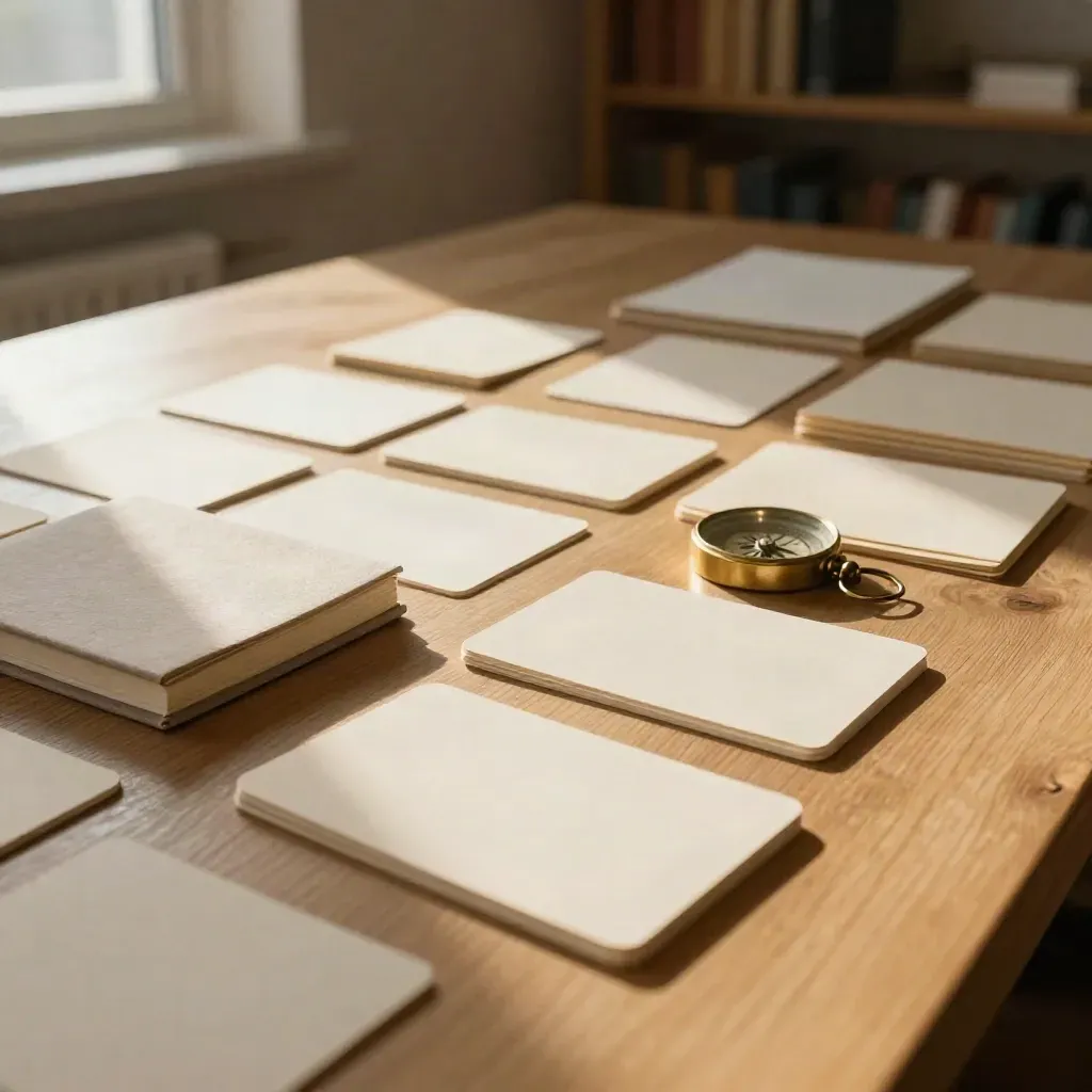 Loopbaancoaching met stapkaarten, gesloten notitieboek, kompas en mappen op licht hout.