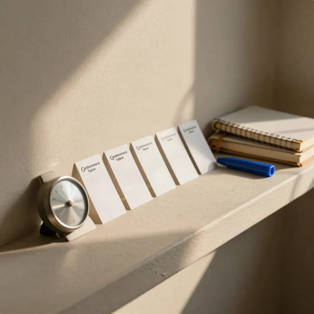 Zes tabs, timer, markerkap en notitieboek op een pleisterplank in warm licht.