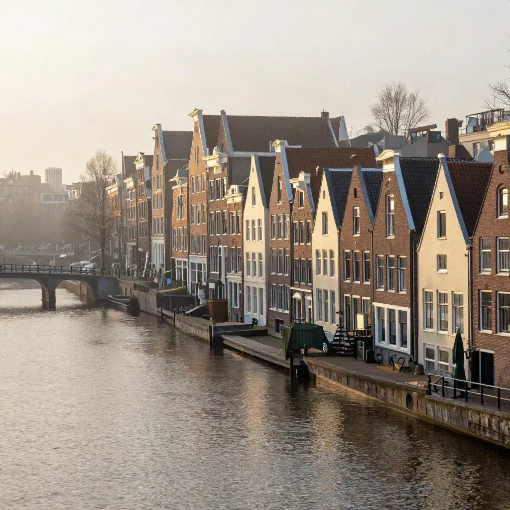 Amsterdamse grachten met bruggen en mist boven rustig water, hoge skyline.